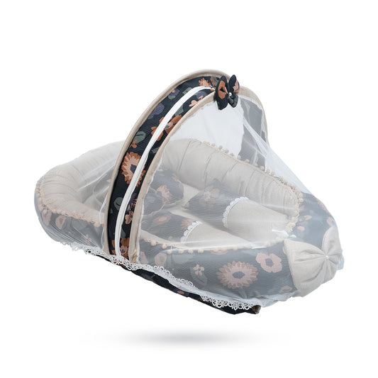 Adorables Baby Nest | Black & Beige | Floral Print | Cotton & Recron | With Removable Net & Pillows