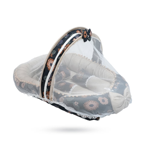 Adorables Baby Nest | Black & Beige | Floral Print | Cotton & Recron | With Removable Net & Pillows