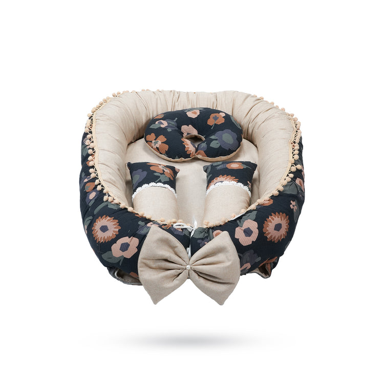 Adorables Baby Nest | Black & Beige | Floral Print | Cotton & Recron | With Removable Net & Pillows