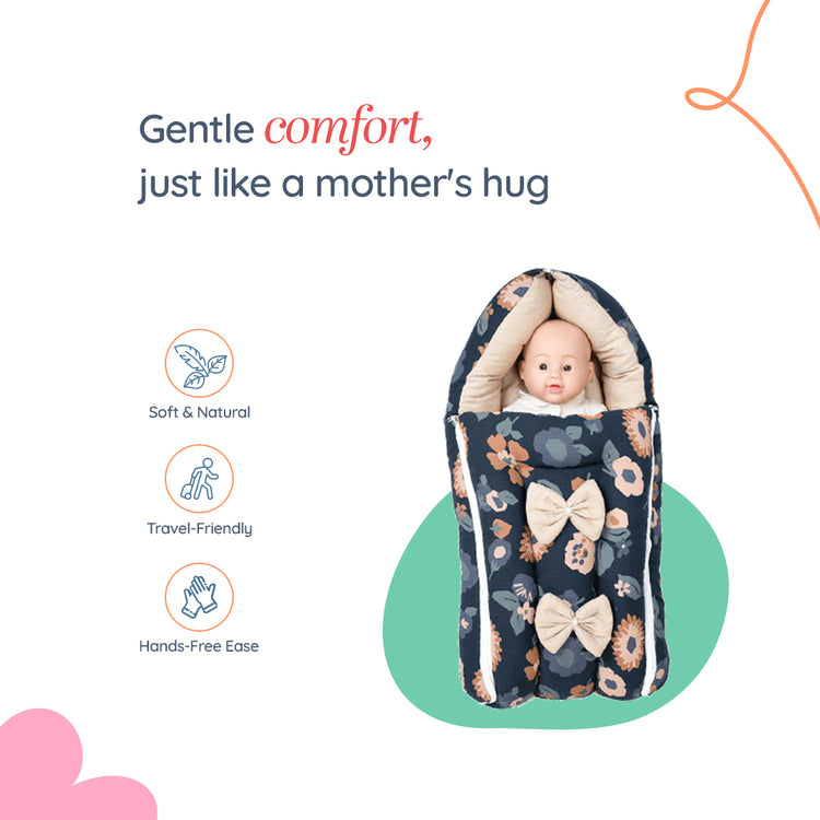 Adorables Baby Nest Bedding Combo Set 3 in 1 | Black & Beige | Floral Print | Cotton & Recron | With Nest Bed, Basket (L) & Sleeping Bag
