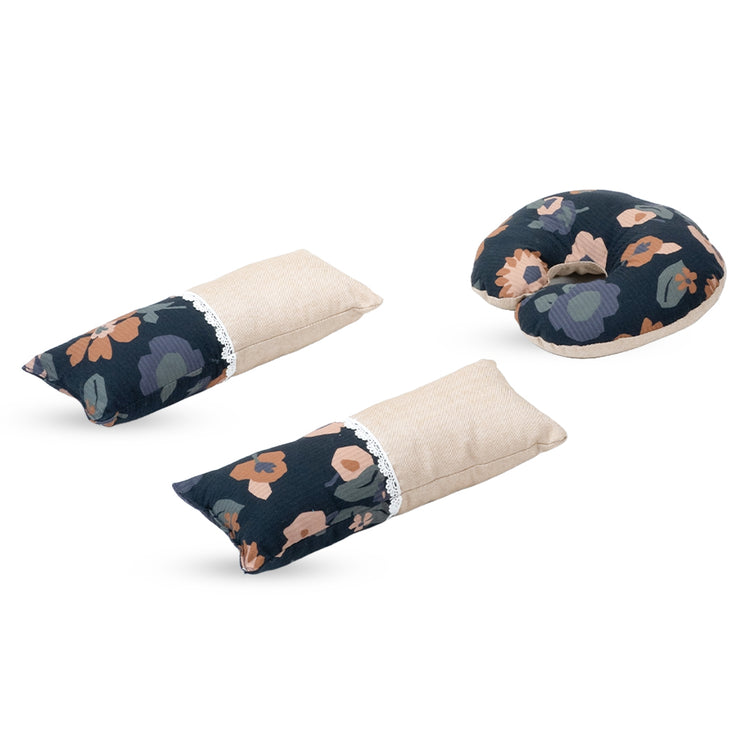 Adorables Pillow Set – Black & Beige | Flower Print with Lace Design | Includes Side & Neck Pillows