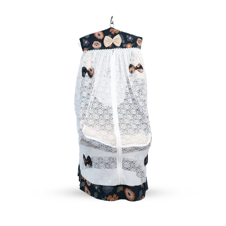 Adorables Bed Cradle | Black & Beige | Cotton with Recron | Floral Print | Includes Star Hangings and Removable Net