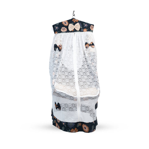 Adorables Bed Cradle | Black & Beige | Cotton with Recron | Floral Print | Includes Star Hangings and Removable Net