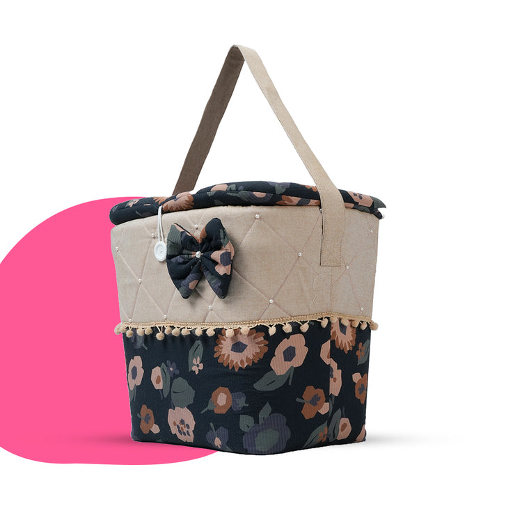 Adorables Baby Basket (Large) | Lightweight Storage | Black & Beige Floral Design | Organizer for Baby Essentials