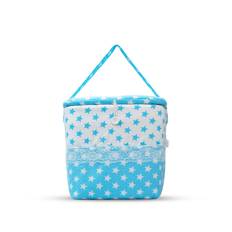 Adorables Baby Hospital Bedding Combo Set 3 in 1 | Sky Blue & White | Star Print, Bow & Lace Design | Cotton & Recron | Hospital Bed, Baby Holder & Basket (Large)