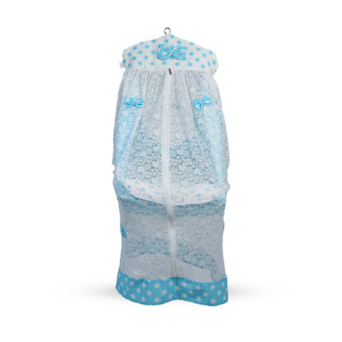 Adorables Bed Cradle | Sky Blue & White | Cotton with Recron | Star Print | Includes Star Hangings and Removable Net
