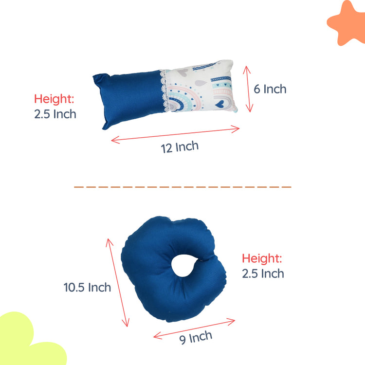 Adorables Pillow Set – Royal Blue & White | Rainbow Print with Lace Design | Includes Side & Neck Pillows