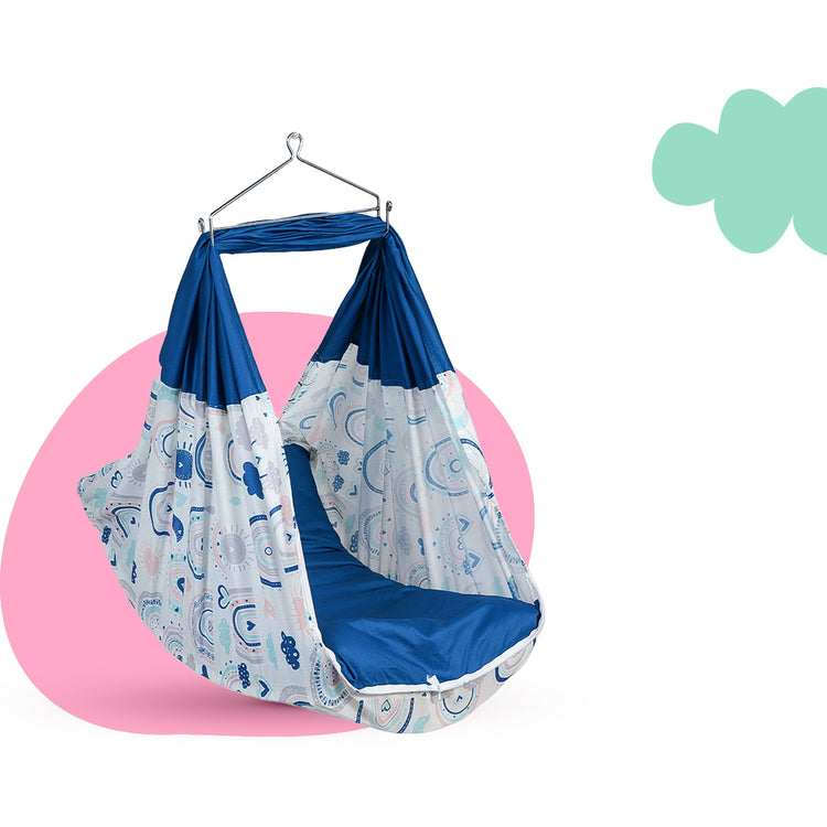 Adorables Bed Cradle | Royal Blue & White | Cotton with Recron | Rainbow Print & Cloud Embroidery | Includes Star Hangings and Removable Net