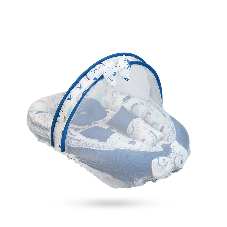 Adorables Baby Nest Bedding Combo Set 3 in 1 | Royal Blue & White | Rainbow Print, Bow & Lace Design | Cotton & Recron | Includes Nest Bed, Basket (L) & Baby Holder