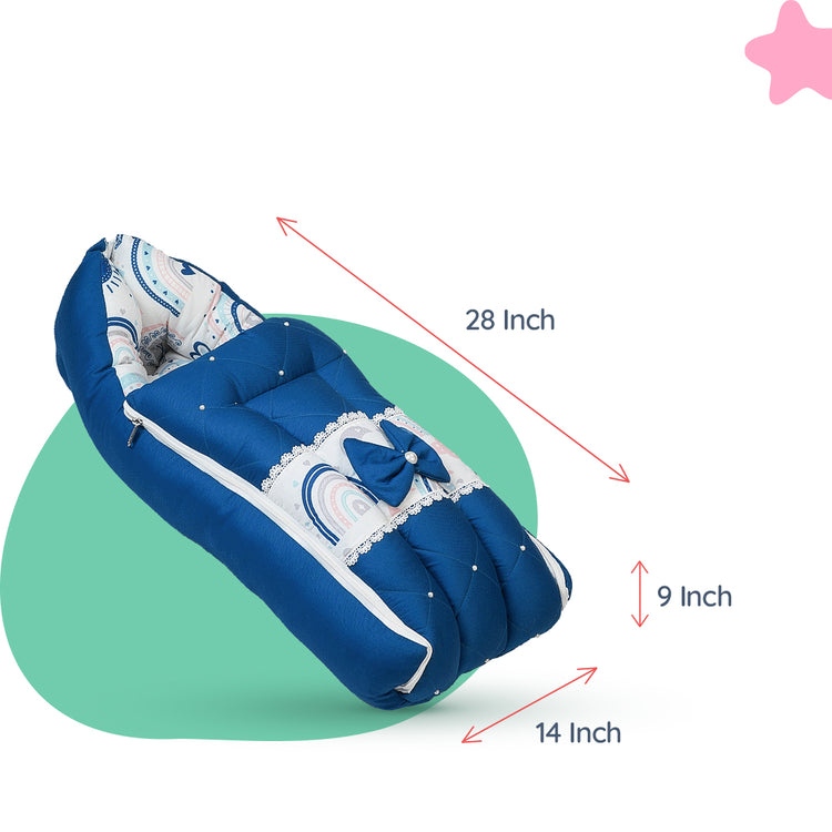 Adorables Baby Holder | Royal Blue and White | Rainbow Print, Bow & Pearls Work, Lace | Cotton & Recron