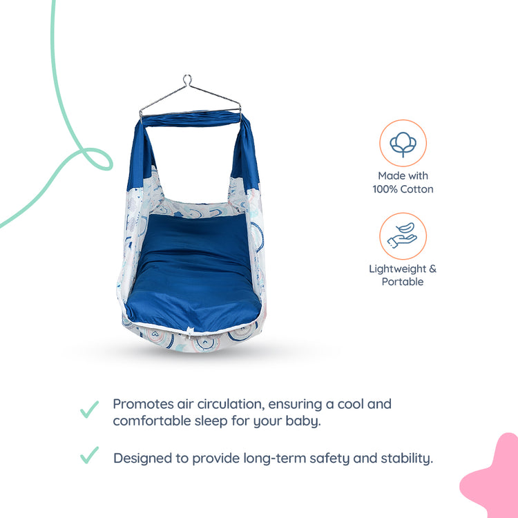 Adorables Bed Cradle | Royal Blue & White | Cotton with Recron | Rainbow Print & Cloud Embroidery | Includes Star Hangings and Removable Net