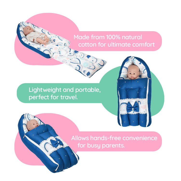 Adorables Baby Holder | Royal Blue and White | Rainbow Print, Bow & Pearls Work, Lace | Cotton & Recron