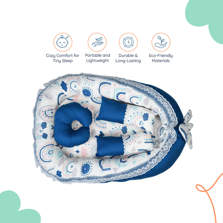 Adorables Baby Nest | Royal Blue & White | Rainbow Print | Cotton & Recron | With Removable Net & Pillows