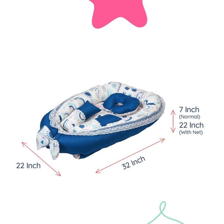 Adorables Baby Nest | Royal Blue & White | Rainbow Print | Cotton & Recron | With Removable Net & Pillows