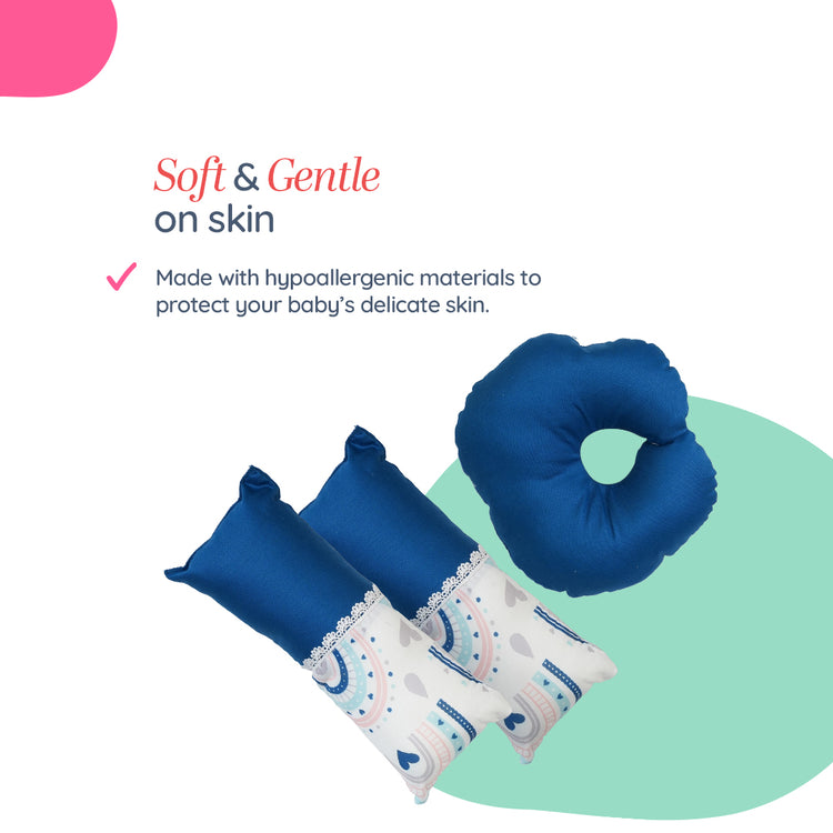 Adorables Pillow Set – Royal Blue & White | Rainbow Print with Lace Design | Includes Side & Neck Pillows