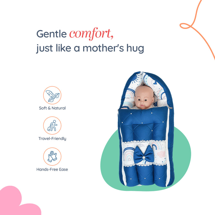 Adorables Baby Nest Bedding Combo Set 3 in 1 | Royal Blue & White | Rainbow Print, Bow & Lace Design | Cotton & Recron | Includes Nest Bed, Basket (L) & Baby Holder