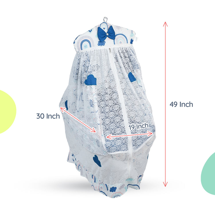 Adorables Bed Cradle | Royal Blue & White | Cotton with Recron | Rainbow Print & Cloud Embroidery | Includes Star Hangings and Removable Net