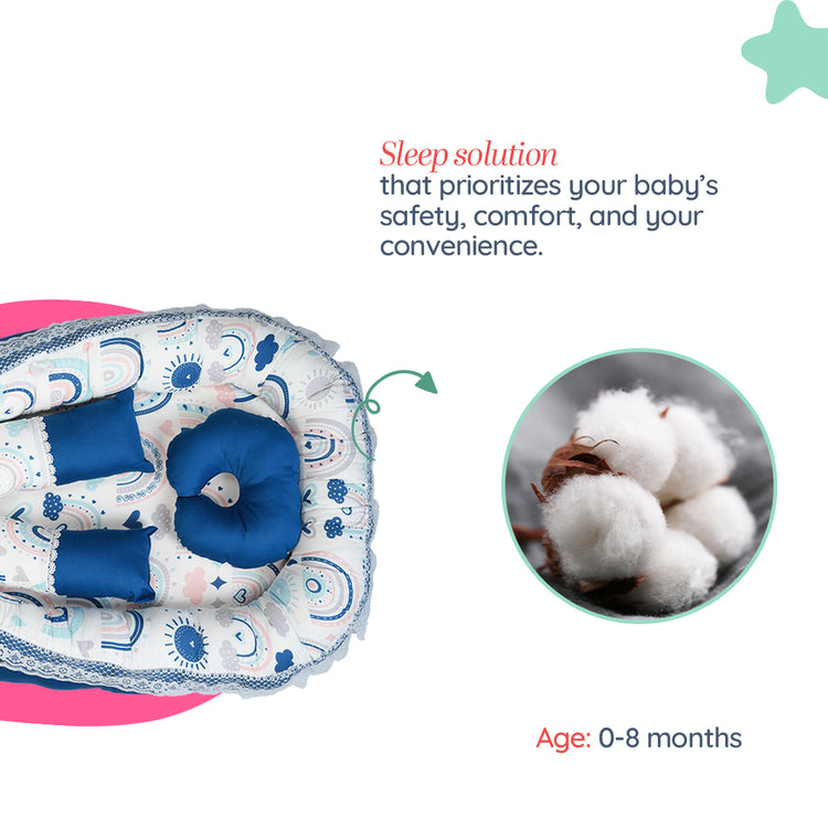 Adorables Baby Nest | Royal Blue & White | Rainbow Print | Cotton & Recron | With Removable Net & Pillows