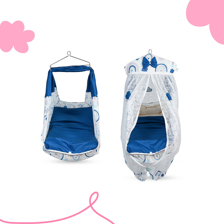 Adorables Bed Cradle | Royal Blue & White | Cotton with Recron | Rainbow Print & Cloud Embroidery | Includes Star Hangings and Removable Net