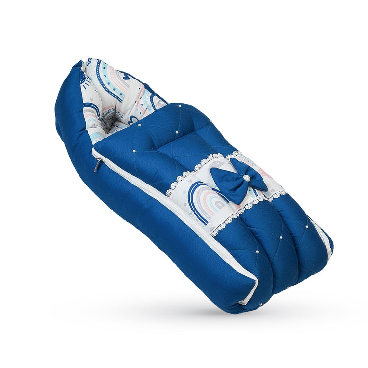 Adorables Baby Round Bedding Combo Set 3 in 1 | Royal Blue & White | Rainbow Print, Bow & Lace | Cotton & Recron | With Round Bed, Basket (L) & Baby Holder