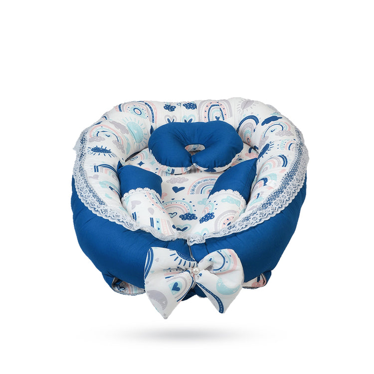 Adorables Baby Nest | Royal Blue & White | Rainbow Print | Cotton & Recron | With Removable Net & Pillows