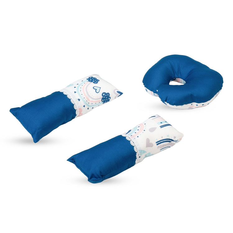 Adorables Pillow Set – Royal Blue & White | Rainbow Print with Lace Design | Includes Side & Neck Pillows