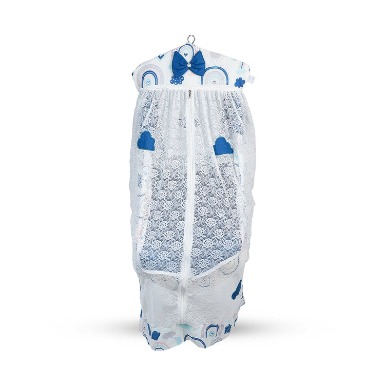 Adorables Bed Cradle | Royal Blue & White | Cotton with Recron | Rainbow Print & Cloud Embroidery | Includes Star Hangings and Removable Net