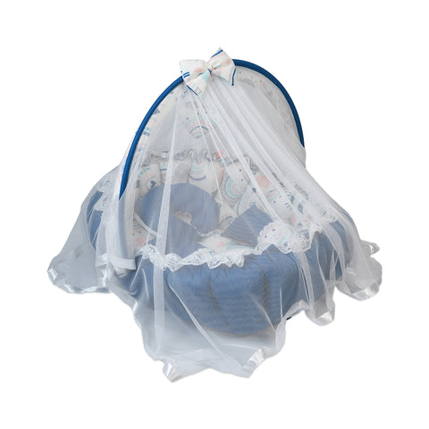 Adorables Oval Bed | Royal Blue & White | Rainbow Print, Hanging Pillow, Lace Design, Removable Net