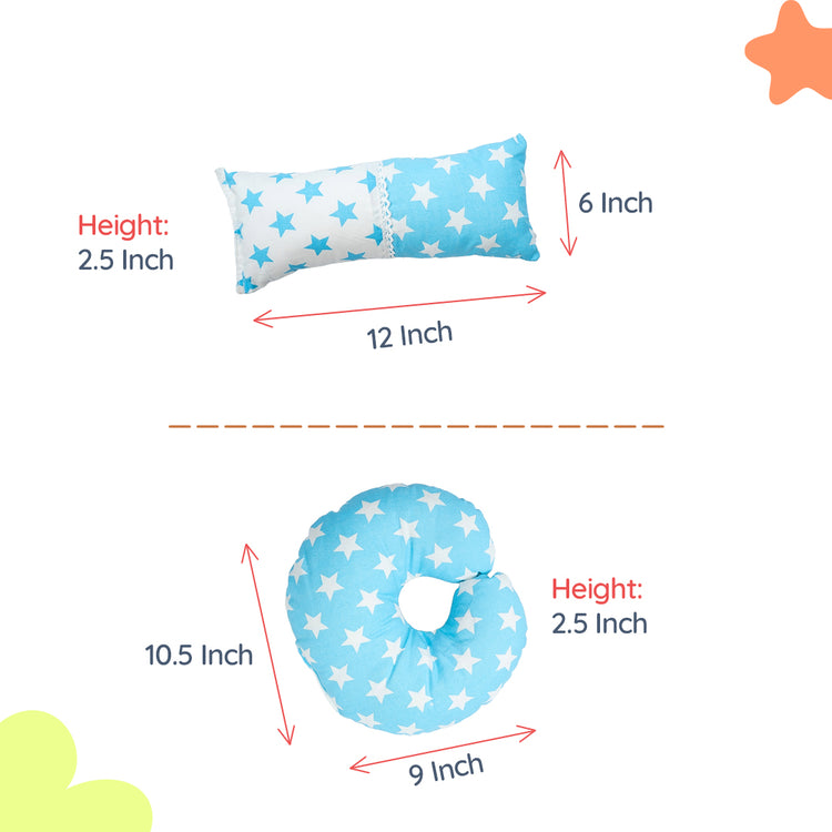 Adorables Pillow Set – Sky Blue & White | Star Print with Lace Design | Includes Side & Neck Pillows