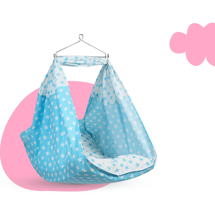 Adorables Bed Cradle | Sky Blue & White | Cotton with Recron | Star Print | Includes Star Hangings and Removable Net