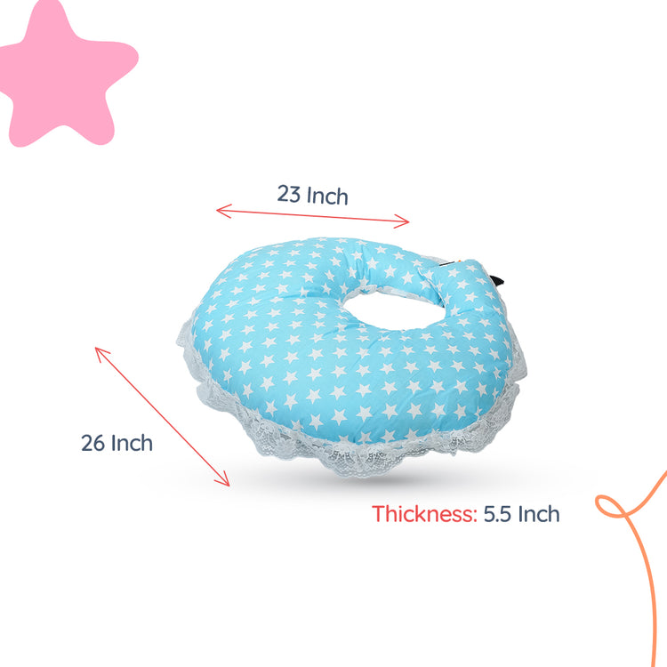 Adorables Feeding Pillow | Sky Blue & White | Star Print with Lace Design | Cotton with Recron Filling