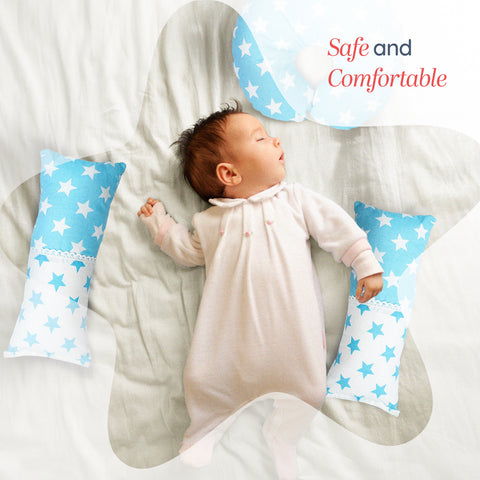 Adorables Pillow Set – Sky Blue & White | Star Print with Lace Design | Includes Side & Neck Pillows