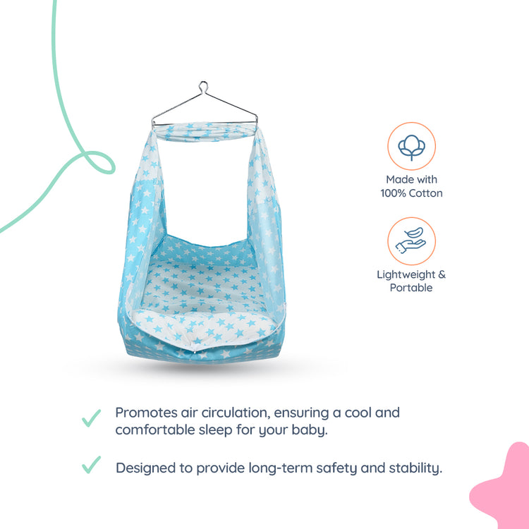 Adorables Bed Cradle | Sky Blue & White | Cotton with Recron | Star Print | Includes Star Hangings and Removable Net