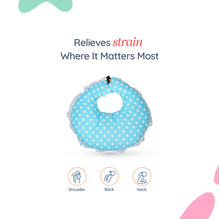 Adorables Feeding Pillow | Sky Blue & White | Star Print with Lace Design | Cotton with Recron Filling