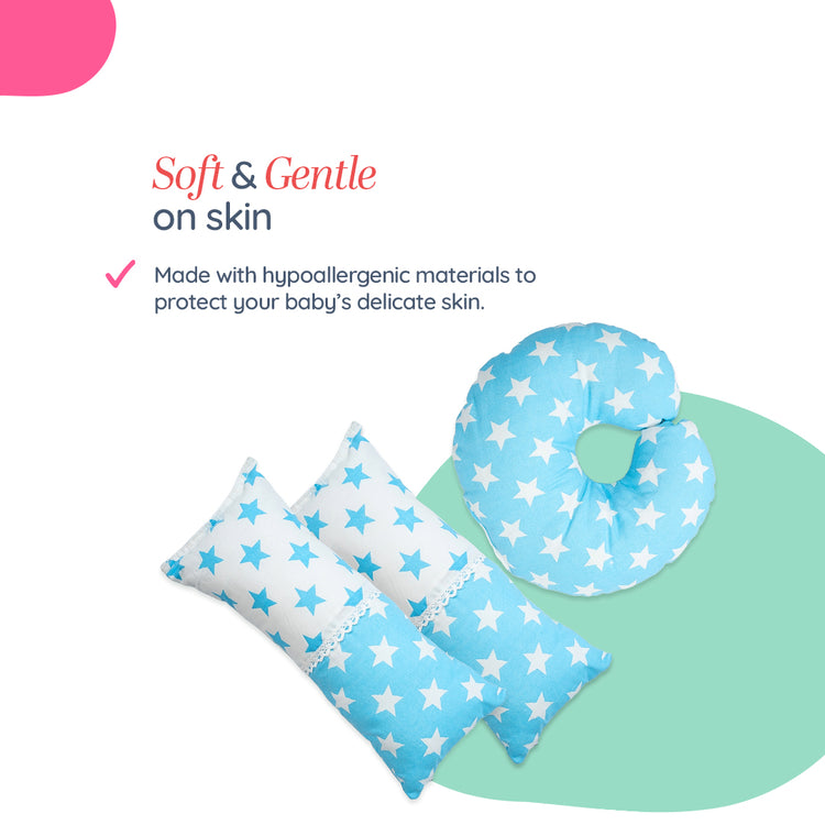 Adorables Pillow Set – Sky Blue & White | Star Print with Lace Design | Includes Side & Neck Pillows