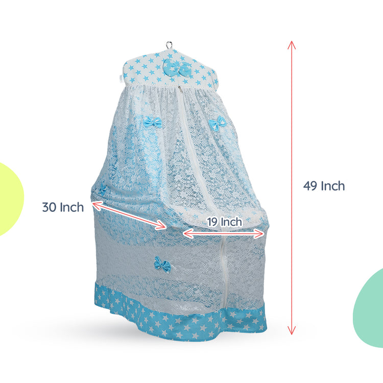 Adorables Bed Cradle | Sky Blue & White | Cotton with Recron | Star Print | Includes Star Hangings and Removable Net