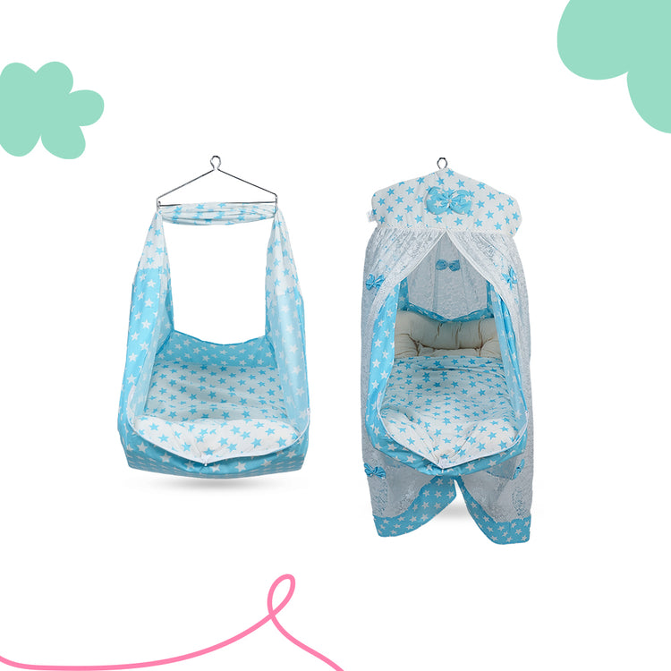 Adorables Bed Cradle | Sky Blue & White | Cotton with Recron | Star Print | Includes Star Hangings and Removable Net