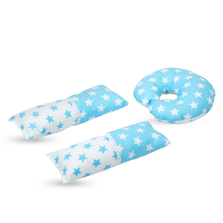 Adorables Pillow Set – Sky Blue & White | Star Print with Lace Design | Includes Side & Neck Pillows