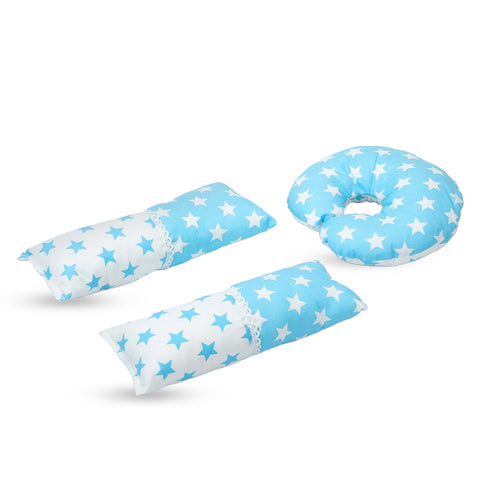 Adorables Pillow Set – Sky Blue & White | Star Print with Lace Design | Includes Side & Neck Pillows