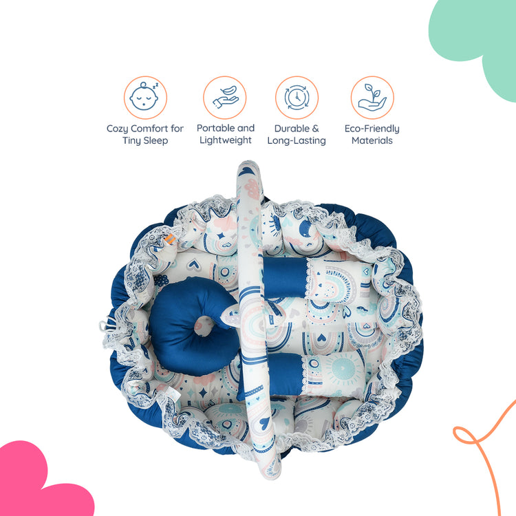 Adorables Oval Bed | Royal Blue & White | Rainbow Print, Hanging Pillow, Lace Design, Removable Net