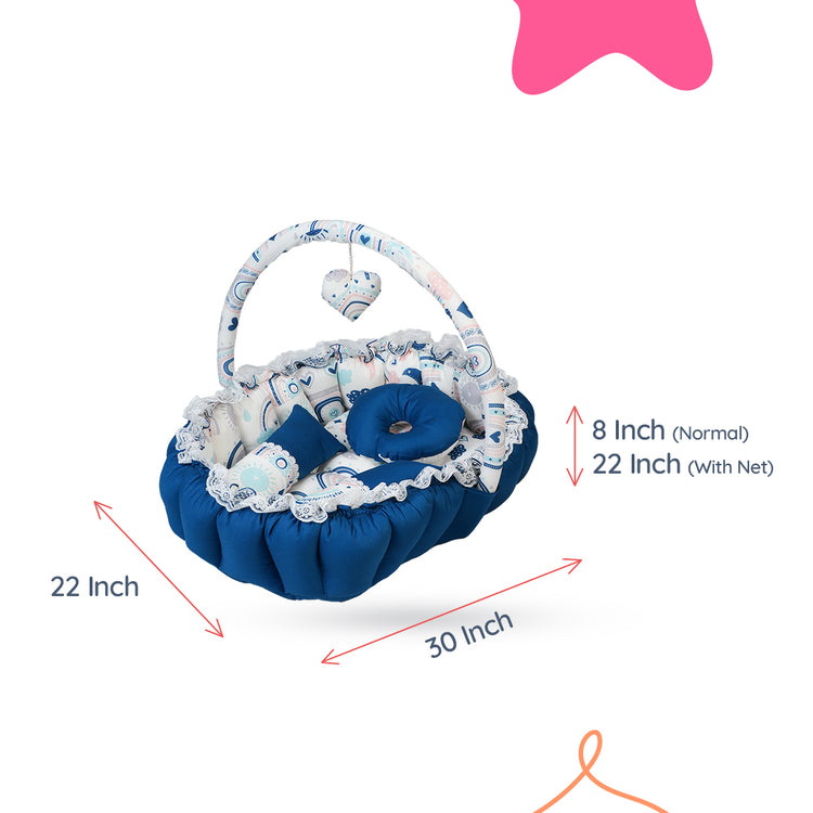 Adorables Oval Bed | Royal Blue & White | Rainbow Print, Hanging Pillow, Lace Design, Removable Net