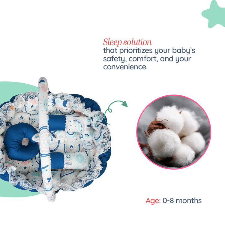 Adorables Oval Bed | Royal Blue & White | Rainbow Print, Hanging Pillow, Lace Design, Removable Net
