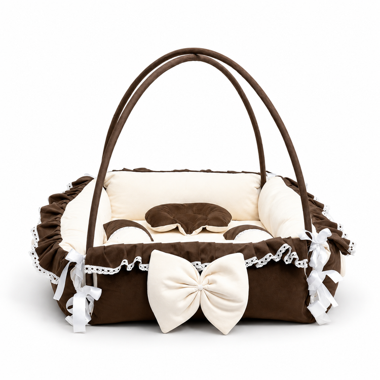 Adorables Square Bed | Chocolate Brown & Off White | Hanging Pillow, Lace Design | Rexin and Cotton with Recron