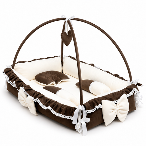 Adorables Square Bed | Chocolate Brown & Off White | Hanging Pillow, Lace Design | Rexin and Cotton with Recron
