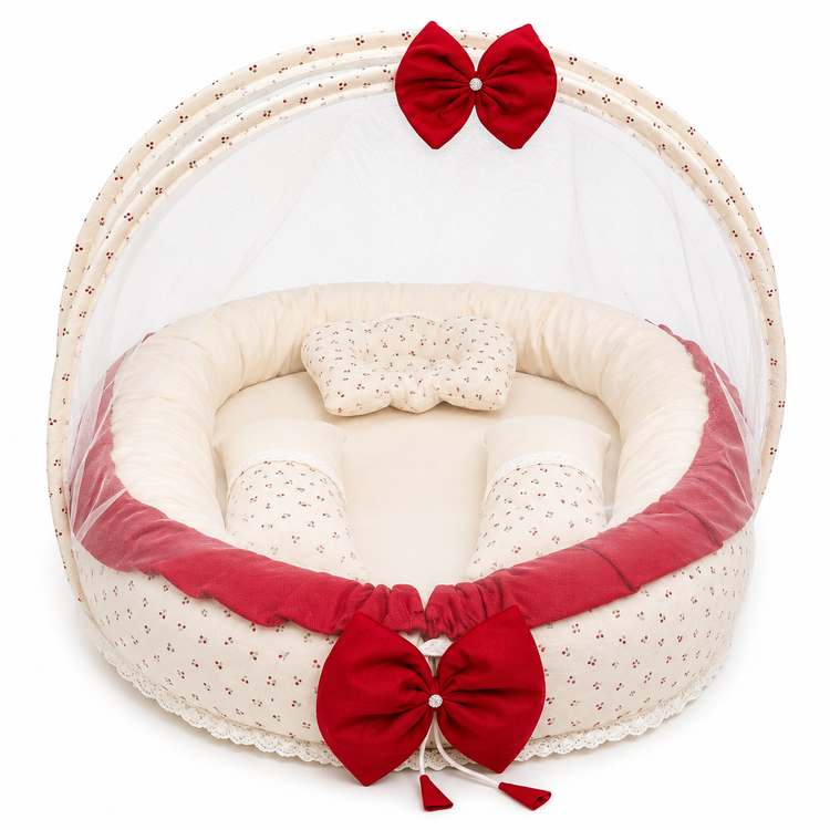 Adorables Baby Nest | Rose Melody & Off White | Cotton & Recron | With Removable Net & Pillows