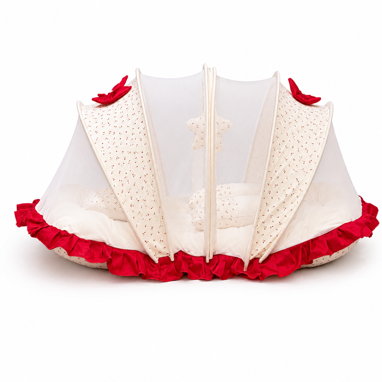 Adorables Baby Mesh Infant Bed | Rose Melody Print & Off White | Bow Work & Lace Design | Crinkle Cotton & Recron