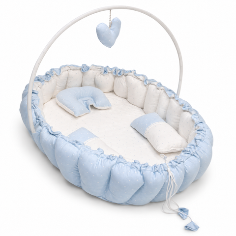 Adorables Baby Bed for Newborn | Oval Bed | Twinkle Blue & White Star | Cotton with Recron filling | With Removable Net