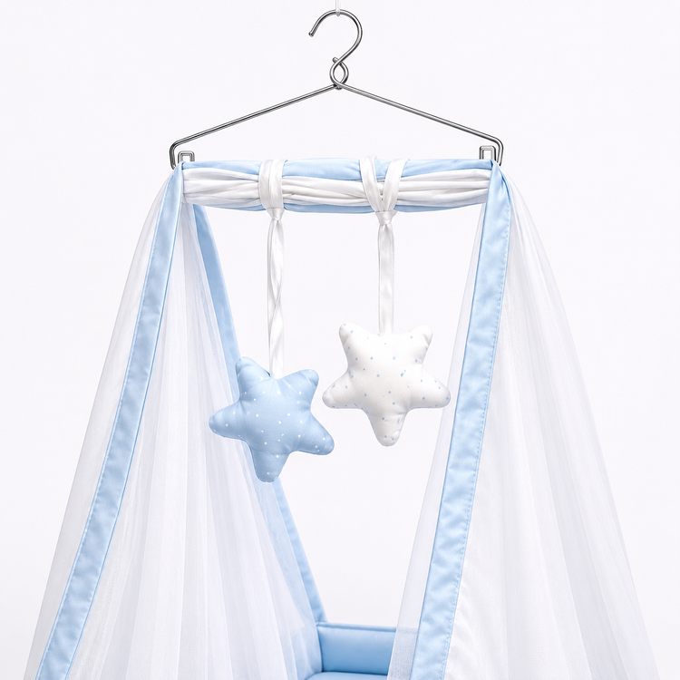 Adorables Baby Cradle for Newborn | Bed Cradle Set | Twinkle Blue and White Star | Cotton with Recron Filling | Includes Net & Star Hangings