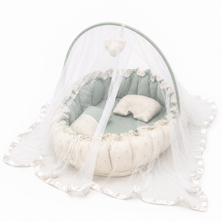 Adorables Baby Bed for Newborn | Oval Bed | Rainbow Charm & Green | Quilted Cotton with Recron filling | With Removable Net