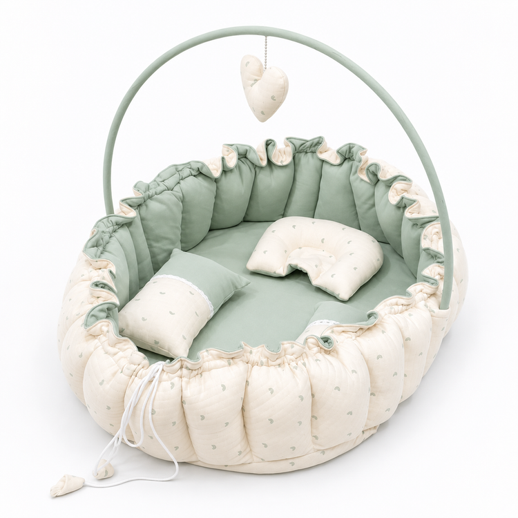 Adorables Baby Bed for Newborn | Oval Bed | Rainbow Charm & Green | Quilted Cotton with Recron filling | With Removable Net